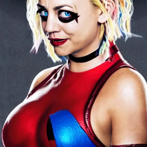 Image similar to A still of Kaley Cuoco as Harley Quinn