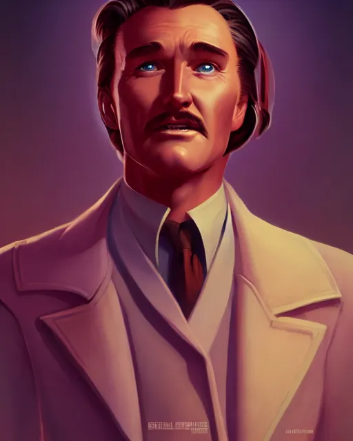 Image similar to Errol Flynn as a scientist. 1980s dystopian Soviet Russia, propaganda screens. Unreal engine, fantasy art by Lois van Baarle. Faithfully depicted facial expression, perfect anatomy global illumination, radiant light, detailed and intricate environment