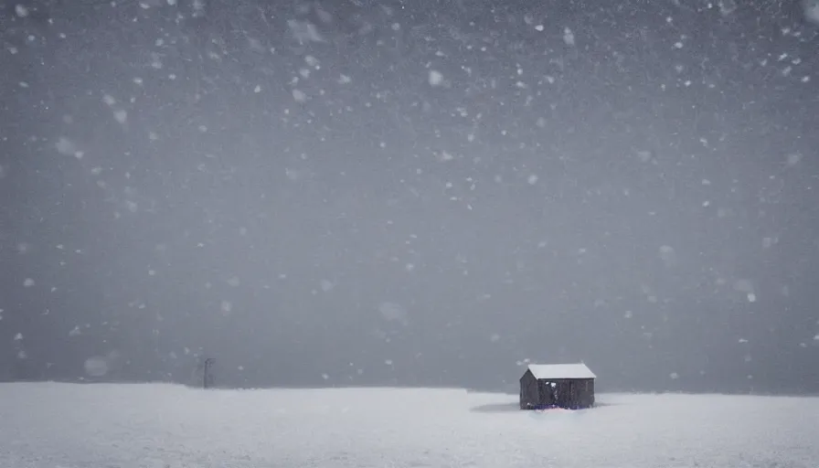 Prompt: Dark, Snowy Landscape with Blizzard! in a snowstorm!, a lonely, small shack in the distance with dim orange lights in the windows, snowstorm, digital art, highly detailed, blizzard, 4k