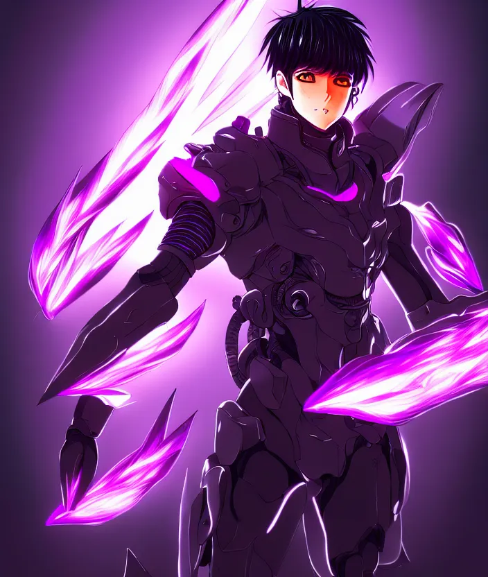 Prompt: a detailed manga illustration character full body portrait of a dark haired cyborg anime man wreathed in purple fire, trending on artstation, digital art, 4 k resolution, detailed, high quality, sharp focus, hq artwork, insane detail, concept art, character concept, character illustration, full body illustration, cinematic, dramatic lighting