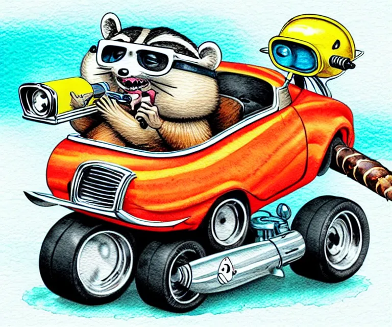 Image similar to cute and funny, racoon smoking cigar wearing a helmet riding in a tiny hot rod coupe with oversized engine, ratfink style by ed roth, centered award winning watercolor pen illustration, isometric illustration by chihiro iwasaki, edited by range murata