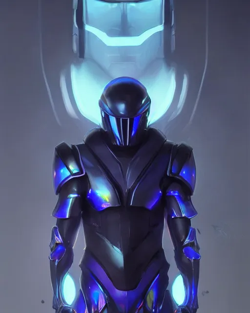 Image similar to character concept of iridescent sinewy smooth muscular male sleek glossy indigo black pearlescent onyx tron armor with smooth black featureless helmet, by greg rutkowski, mark brookes, jim burns, tom bagshaw, magali villeneuve, trending on artstation