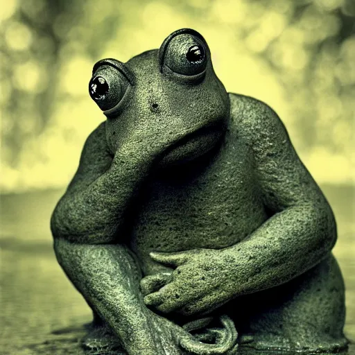 Prompt: toad philosopher The Thinker, swamp, by Auguste Rodin, symmetric, by Irving Penn, bokeh , top cinematic lighting , cinematic mood, very detailed, shot in canon