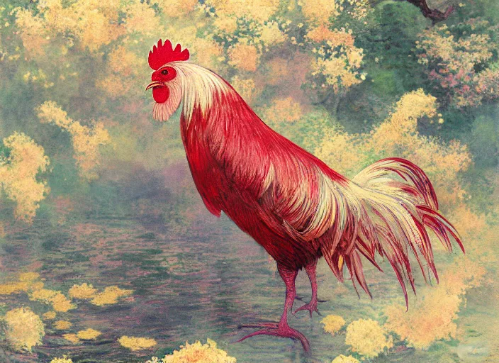 Image similar to a gorgeous paradise rooster japanese art is looking at a bird, ethereal, horror, fantasy art by greg rutkowski and magali villeneuve and claude monet