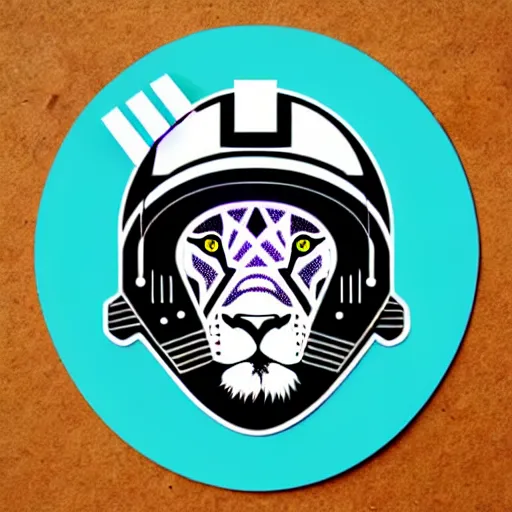 Image similar to portrait of a lion wearing a futuristic helmet, synth - wave, sticker