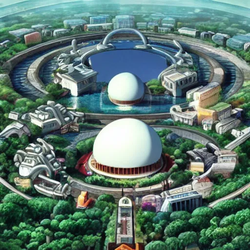 Prompt: Utopian city with a enormous white dome at the centre, studio ghibli, ultra hd