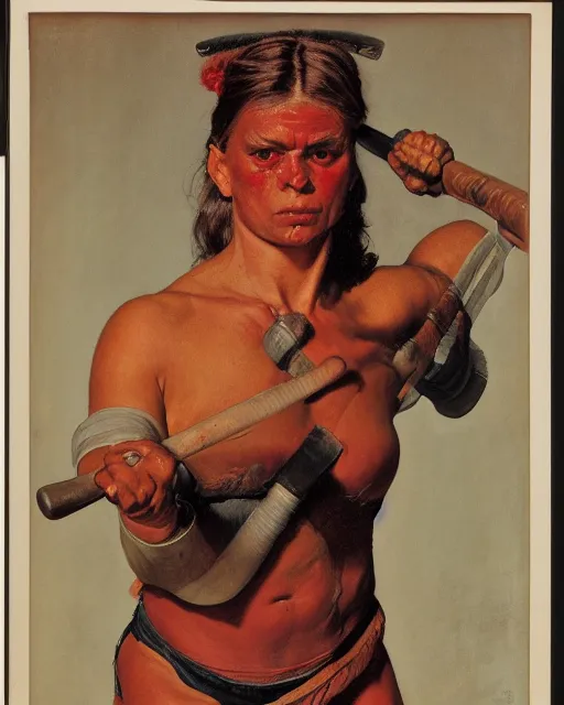 Image similar to frontal portrait of a savage muscular barbarian female, by norman rockwell