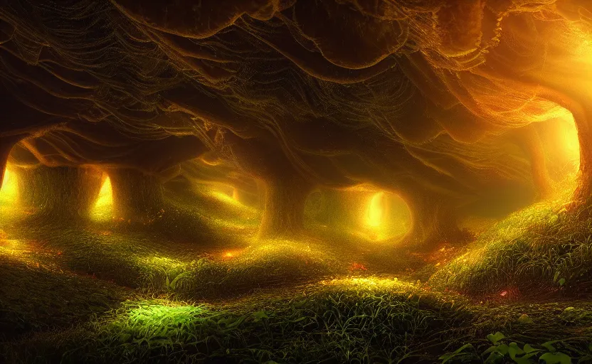 Image similar to a beautiful and stunning professional digital artwork of a glowing mushroom cave, haze, spores floating in the air, vines, night, volumetric lighting, hyperrealistic, rtx on, ultra detail