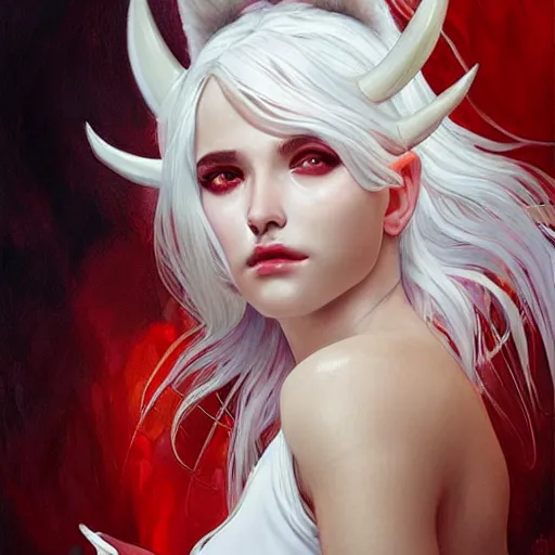 Image similar to ultra realistic illustration, dream humanoid demon girl with white hair, red horns, in white clothes, red eyes, intricate, elegant, highly detailed, digital painting, artstation, concept art, smooth, sharp focus, illustration, art by artgerm and greg rutkowski and alphonse mucha