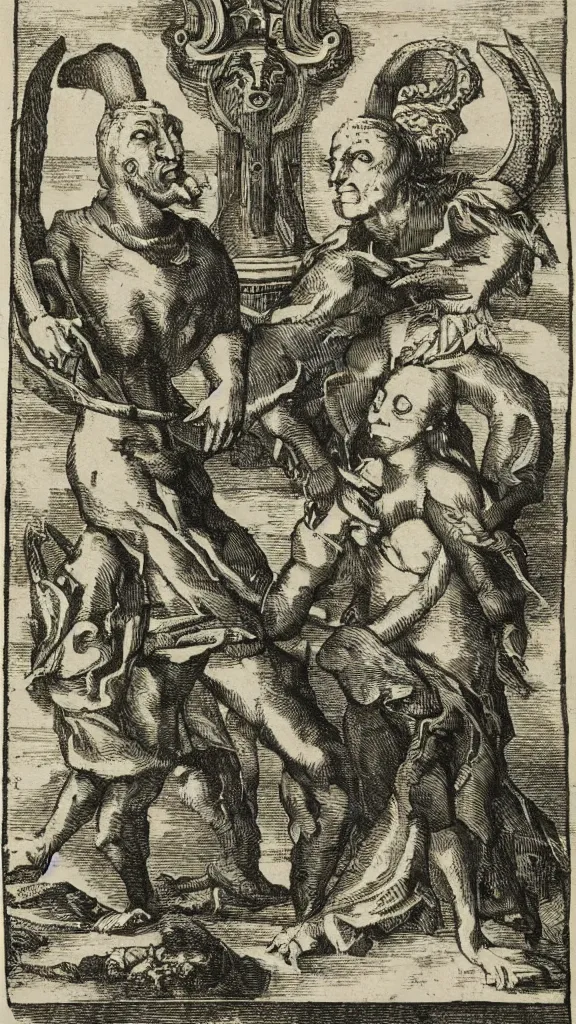 Prompt: esoteric etching print of the devil and his wife, amphitheatrum sapientiae aeternae, 1 5 9 5