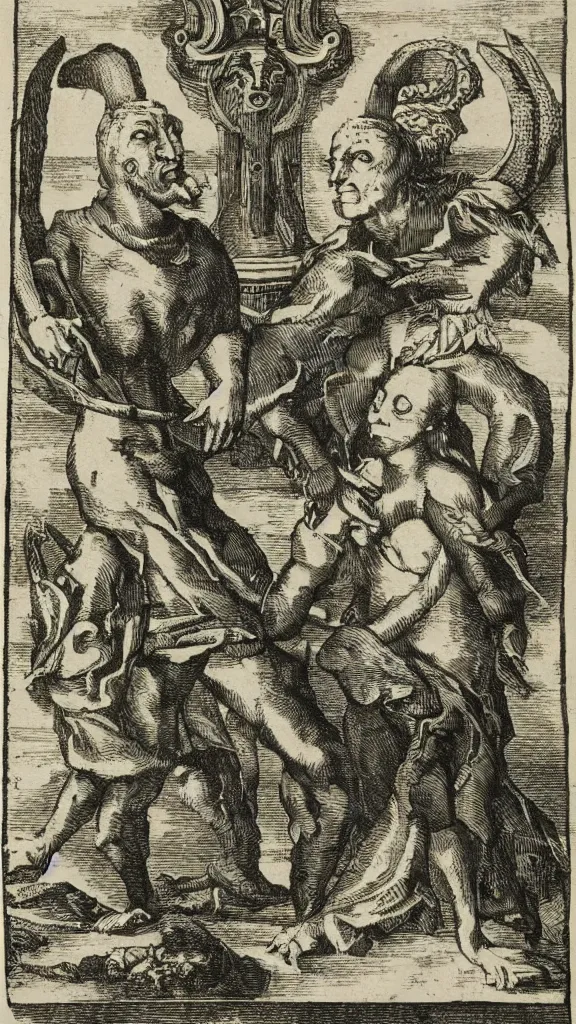 Image similar to esoteric etching print of the devil and his wife, amphitheatrum sapientiae aeternae, 1 5 9 5