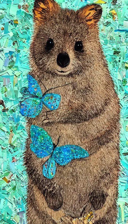 Image similar to detailed illustration, a portrait of a happy quokka on rotttnest island constructed from colored paper, collage, may gibbs, layered composition, layers, texture, textured, layered, sculpted, dynamic, 🦋, 🌱,