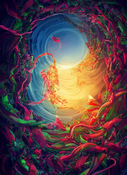 Prompt: An epic fantastic realism comic book style painting of the most beautiful spiraling entwined flowers launched exquisitely across the dark spinning universe, floating bouquets, fisheye, bright exploding sun, unreal 5, DAZ, hyperrealistic, octane render, dynamic lighting