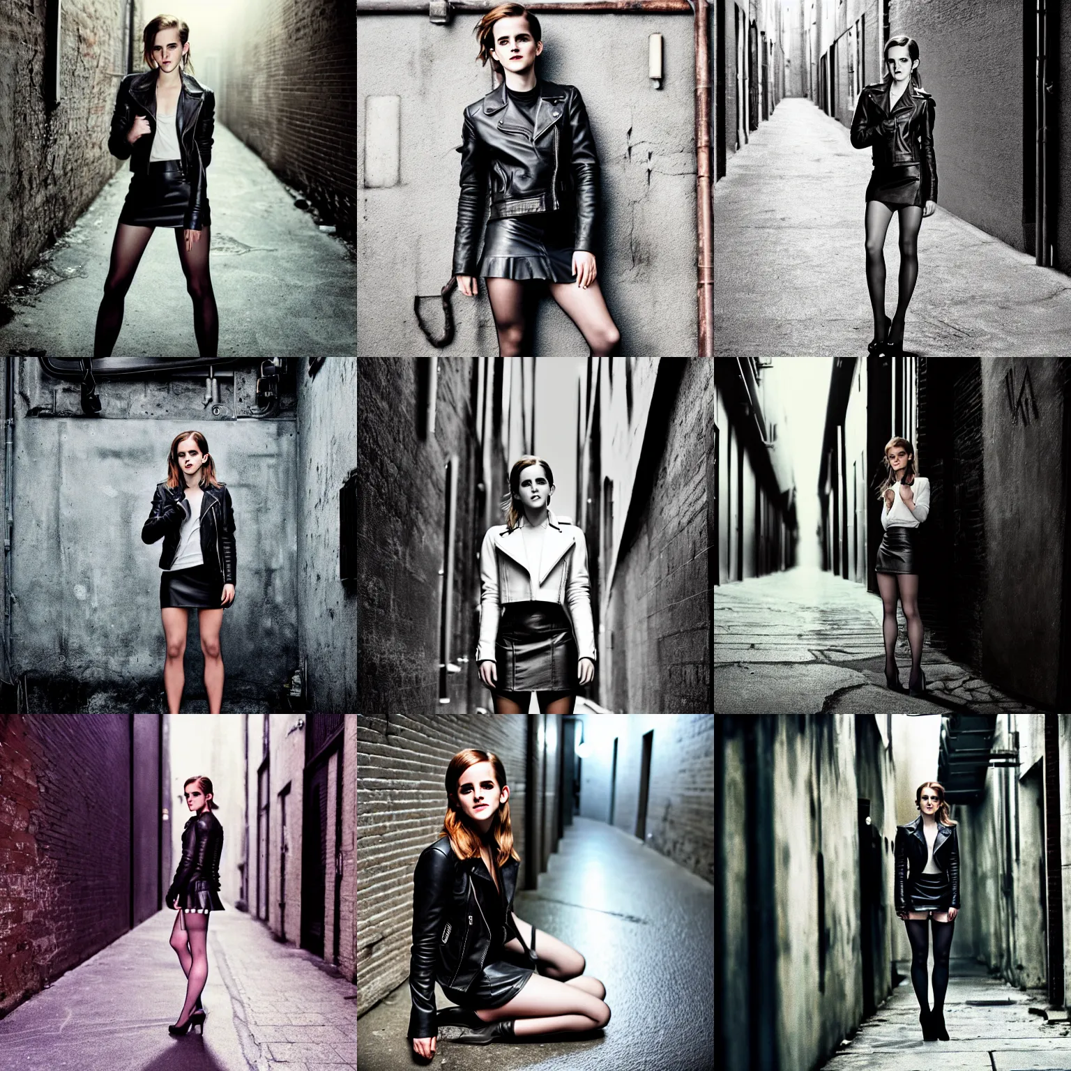 Prompt: a perfect 8K HD professional photo of Emma Watson kneeling , wearing leather jacket , miniskirt , pantyhose and high heels in sci-fi dystopian alleyway , at instagram , Adobe Lightroom , taken with kodak portra