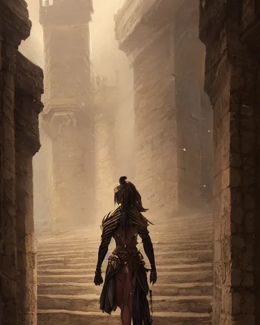 Image similar to A beautiful warrior walking up the castle stairs, beautiful face, highly detailed face, close-up, fantasy art, female art, in the style of greg rutkowski, illustration, epic, fantasy, intricate, hyper detailed, artstation, concept art, smooth, sharp focus, ray tracing