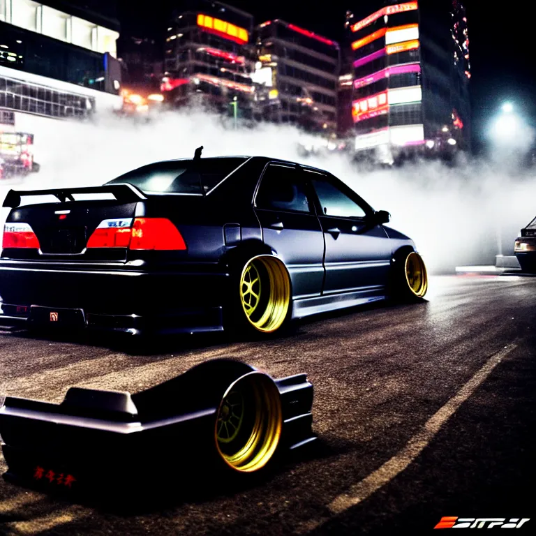 Image similar to a car JZX100 twin turbo drift at illegal car meet, Shibuya prefecture, city midnight mist lights, cinematic lighting, photorealistic, highly detailed wheels, high detail