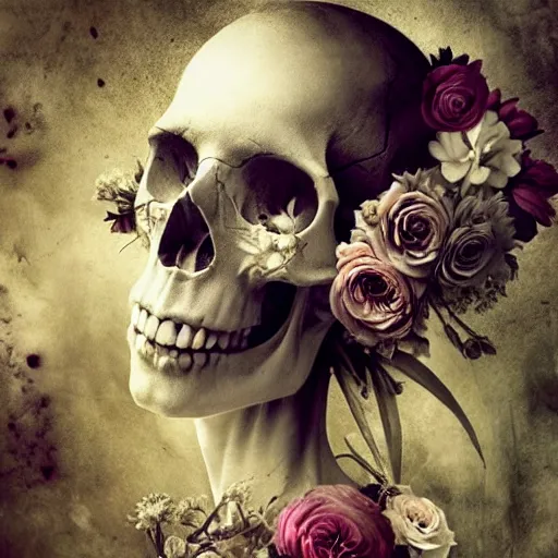 Image similar to skull and cemetary flowers, by brooke shaden and alberto seveso and eve ventrue and john salminen and tim okamura, trending on artstation hq, deviantart, pinterest, 4 k uhd image