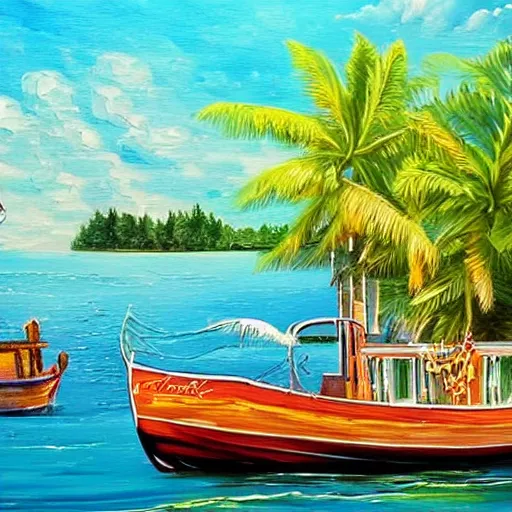 Prompt: a beautiful painting of a boat leaving the dock for paradise.