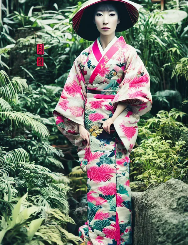 Prompt: fashion photograph of a beautiful Japanese woman wearing a traditional kimono in a tropical greenhouse, by Annie Leibowitz, by Alessio Albi, extremely detailed, large format camera, Kodak Portra film, 85mm lens, bokeh, blurred background, photorealistic, trending on instagram, trending on artstation