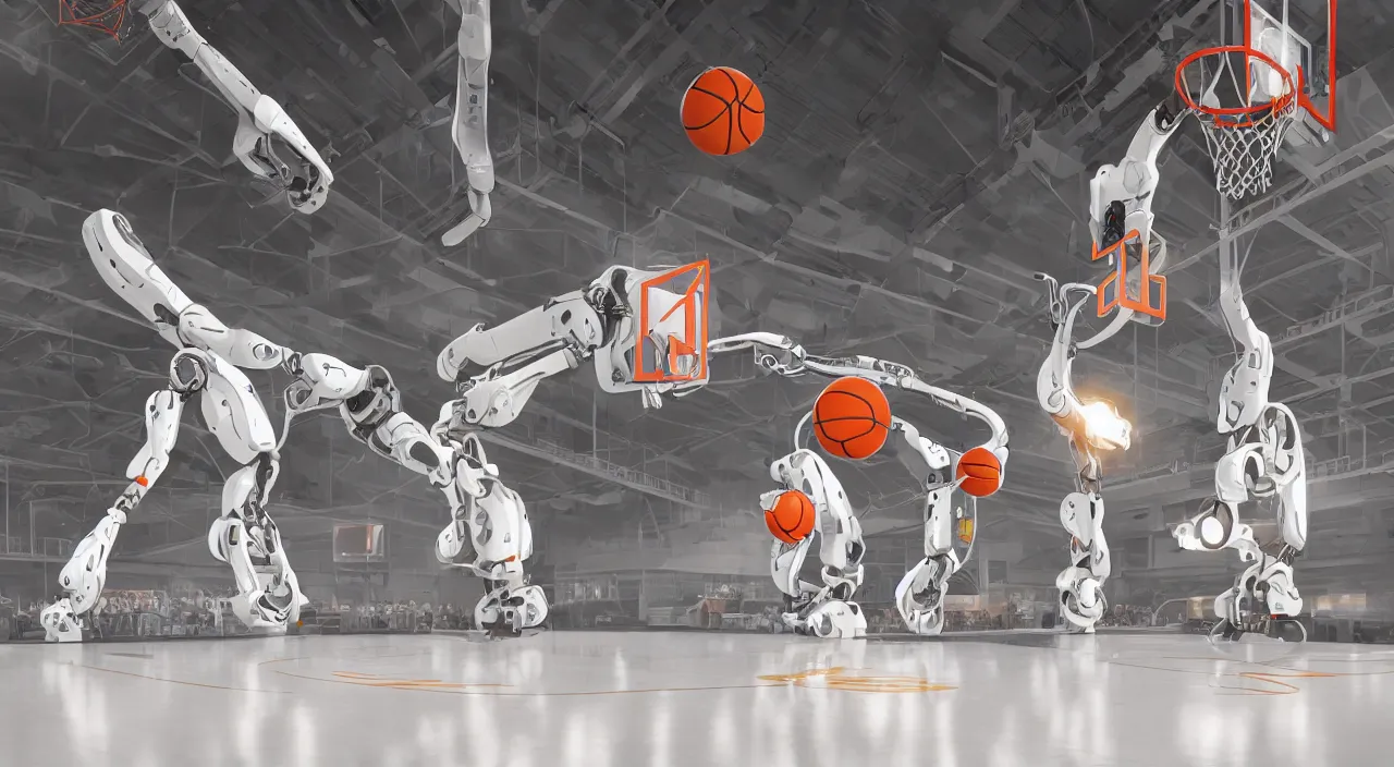 Image similar to three large white glossy kuka industrial robot arms playing basketball in a gym, global illumination, artstation, fantasy