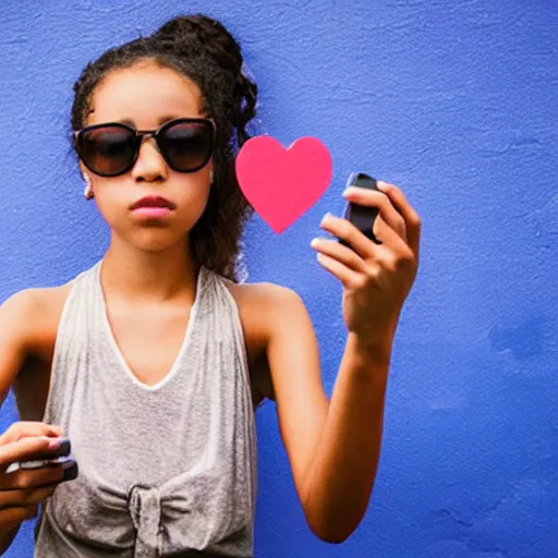 Image similar to “portrait of a young girl taking a selfie with heart emojis floating around”