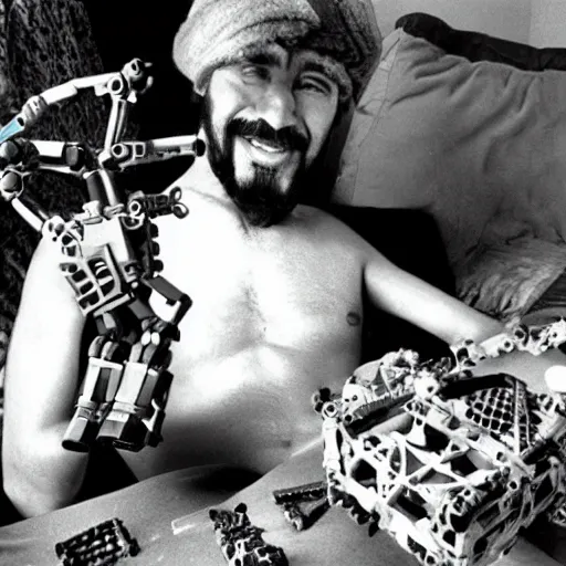 Image similar to saddam hussein playing with bionicle, christmas morning photo, 1990