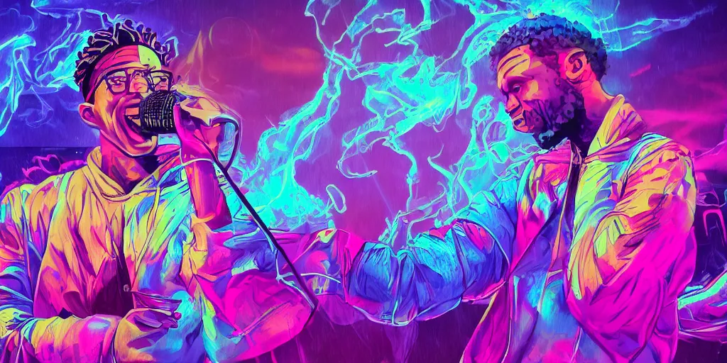 Image similar to rapping into microphone, on stage at festival during lightning storm, digital art, vapor wave, hip hop, surreal, psychedelic, trending on Artstation, professional artist, detailed, 4k