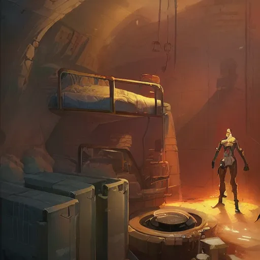 Prompt: A room inside of a sewer lair,The room is cluttered with clithes everywhere and space posters but up,bed, digital art from artstation by Andreas Rocha and Greg Rutkowski and Peter Mohrbacher