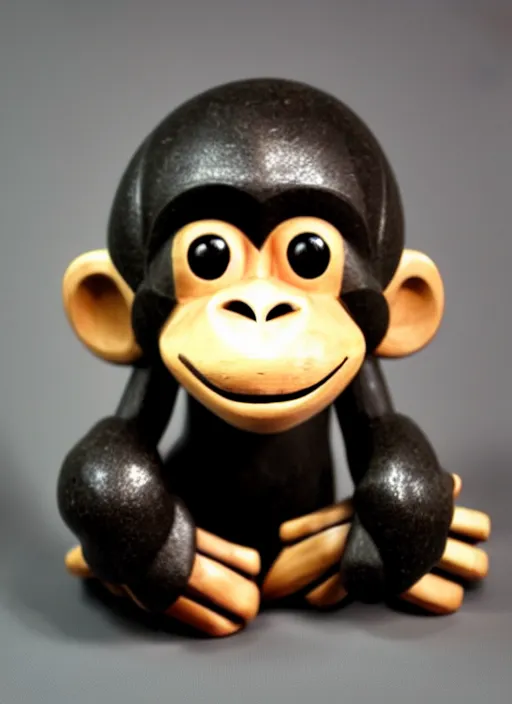 Image similar to cute monkey cartoon character, sculpted in very hard black wood, rock