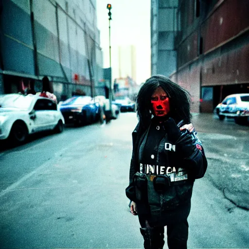 Image similar to Cinestill 50d candid photography of a city on fire, extreme wide shot of a poor techwear mixed woman wearing makeup crying outside of a futuristic city on fire, cyberpunk, tattoos, homeless tents on the side of the road, militarized police patrol, extreme long shot, desaturated, full shot, action shot, blurry, 4k, 8k, hd, full color