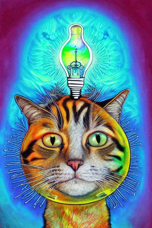 Image similar to portrait of a cat's head inside an upside down light bulb, modern fine art, intricate, elegant, subsurface scattering, highly detailed, pop art painting, organic acrylic flow art, psychedelic fractal art, acrylic art, watercolor, featured on deviantart, cgsociety