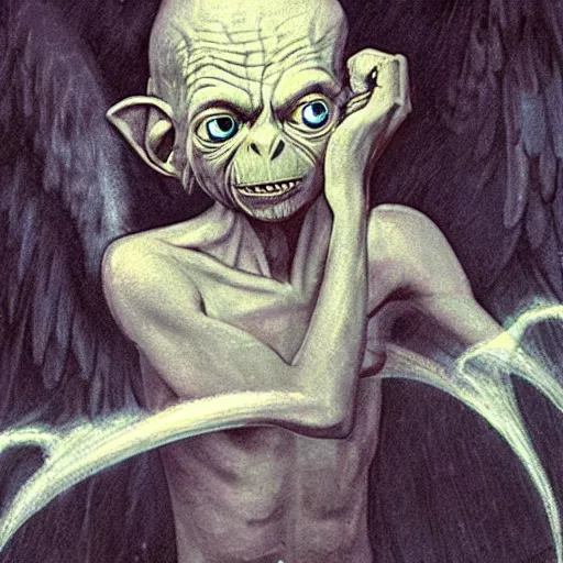 Image similar to gollum with angel wings flying with cig in mouth, thunderstorm, rain, sad,