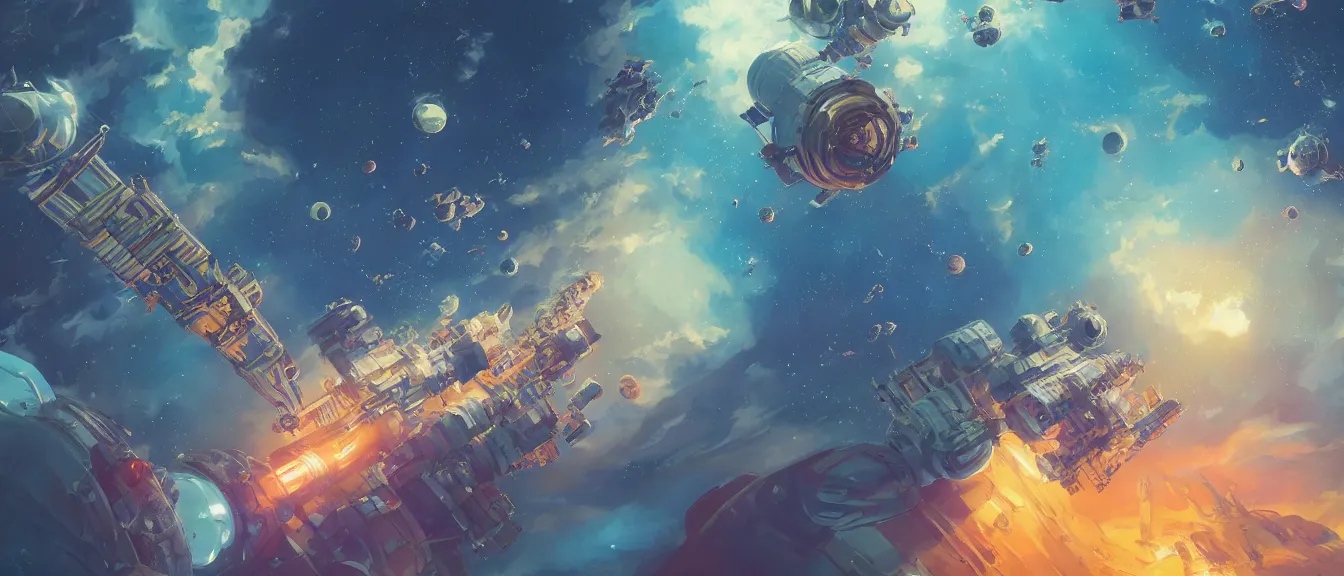 Image similar to orbital space station on a colorful nebulea, unreal engine, fantasy art by greg, loish, rhads, ferdinand knab, makoto shinkai, lois van baarle, ilya kuvshinov, rossdraws, tom bagshaw, global illumination, radiant light, highly detailed intricate environment, isometric, onstudio ghibli, octane render, 8 k