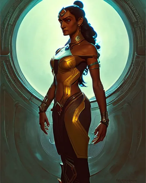 Image similar to symmetra from overwatch, character portrait, concept art, intricate details, highly detailed by greg rutkowski, michael whelan and gustave dore