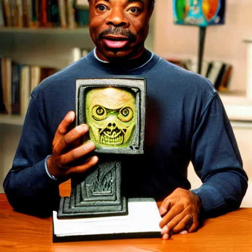 Prompt: LeVar Burton holding the Necronomicon from the Evil Dead for a very special episode of Reading Rainbow, 4k, 8k, photorealistic