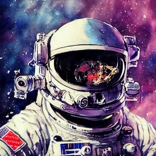 Prompt: astronaut on a spacewalk, cyberpunk, realistic, detailed, Industrial Scifi, paint, watercolor, in the style of Ashley Wood and Wadim Kashin