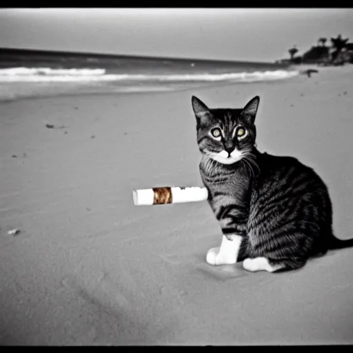 Prompt: a cat lighting a cigar on a beach in 1980, 30mm film