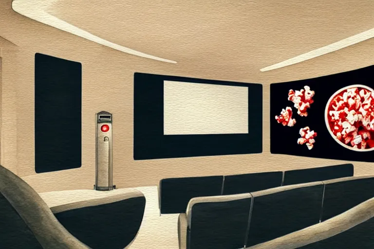 Prompt: very wide view of a modern home movie theater with giant projector screen!!, detailed art deco decoration!, wall lights, plant, popcorn machine, very very beautiful watercolor painting!!!, trending on artstation