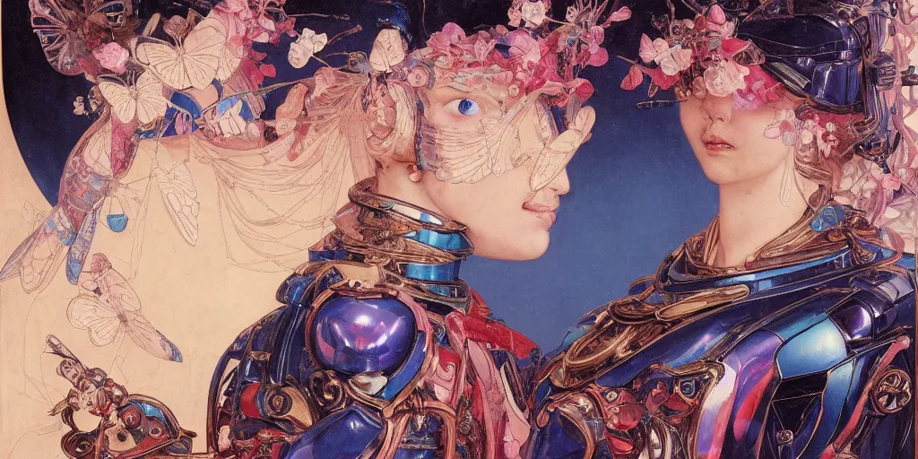 Prompt: a baroque neoclassicist renaissance portrait of a deep blue and pink iridescent whimsical 1 8 0 0 s japanese mecha gundam butterfly witch. reflective detailed textures. intense look, dark background. highly detailed fantasy science fiction painting by moebius, norman rockwell, frank frazetta, and syd mead. rich colors, high contrast. artstation