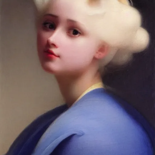 Image similar to a young woman's face, her hair is white and she wears a cobalt blue satin cloak, by ivan aivazovsky and syd mead and moebius and gaston bussiere and roger dean and pieter claesz and paul delaroche and alma tadema and willem claesz and gerard ter borch, hyperrealistic, volumetric light