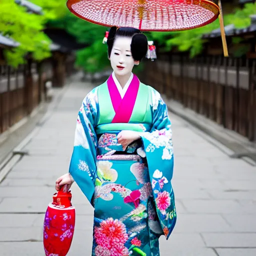 Image similar to Photo of Japanese geisha with a beautiful kimono, traditional kyoto, slim waist, large chest, flowers in hair, sunny day, high detail,