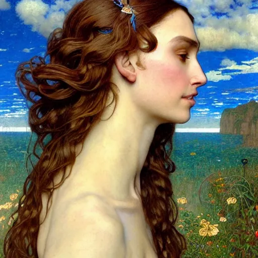 Prompt: Masterpiece painting of Nathalie portman as a Venus drawn by Donato Giancola and Tom Bagshaw, face by Artgerm and Edmund Leighton, Alphonse Mucha, background by James Jean and Gustav Klimt, 4k, partial robotic body, volumetric Lighting, porcelain skin, komorebi, french nouveau, trending on pixiv