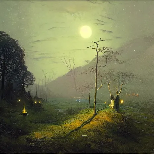 Image similar to A Landscape by Peter Mohrbacher and John Atkinson Grimshaw