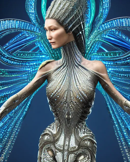 Image similar to a highly detailed metahuman 4 k close up render of an alien goddess bella hadid as alien in iris van herpen dress schiaparelli in diamonds crystals swarovski and jewelry iridescent in style of alphonse mucha gustav klimt trending on artstation made in unreal engine 4