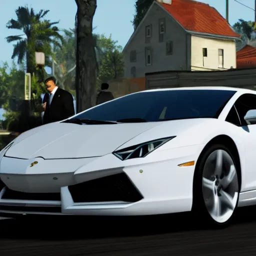 Prompt: Franklin Clinton from GTA V driving a white Lamborghini Sian with Lamar Davis, photorealistic