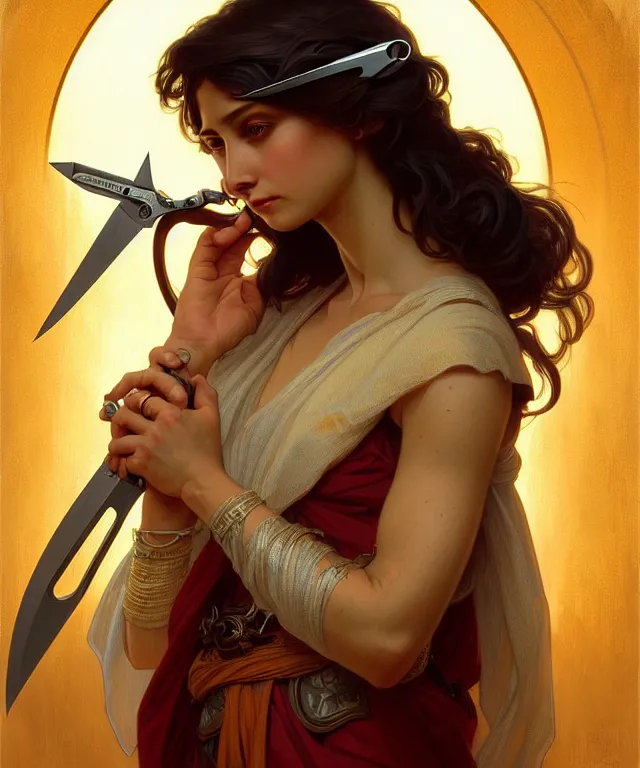 Prompt: portrait of biblical delilah holding small shears, intricate, headshot, highly detailed, digital painting, artstation, concept art, sharp focus, cinematic lighting, illustration, art by artgerm and greg rutkowski, alphonse mucha, cgsociety