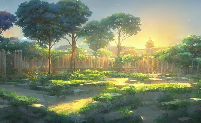 Prompt: beautiful landscape artwork of the gardens of babylon at night, ambient lights, masterpiece by Makoto Shinkai