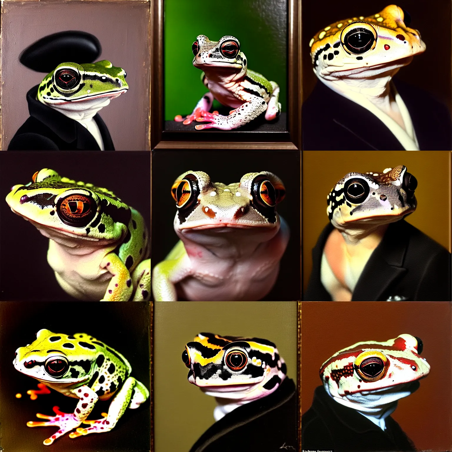 Prompt: a head - and - shoulders portrait of an amazon milk frog looking off camera wearing a black buttoned jacket, an american romanticism painting, a portrait painting, cgsociety, soft focus, oil on canvas