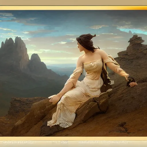 Image similar to an ultradetailed matte landscape painting of mountain sized sculpture of a beautiful and elegant woman, sunrise on the horizon in the background, stone hand raised up, 8 k, art by greg rutkowski and alphonse mucha and andreas rocha and albert bierstadt