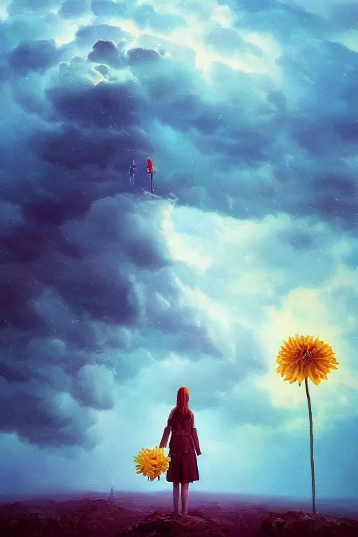 Image similar to closeup giant dahlia flower as head, girl standing on mountain, surreal photography, blue storm clouds, dramatic light, impressionist painting, digital painting, artstation, simon stalenhag